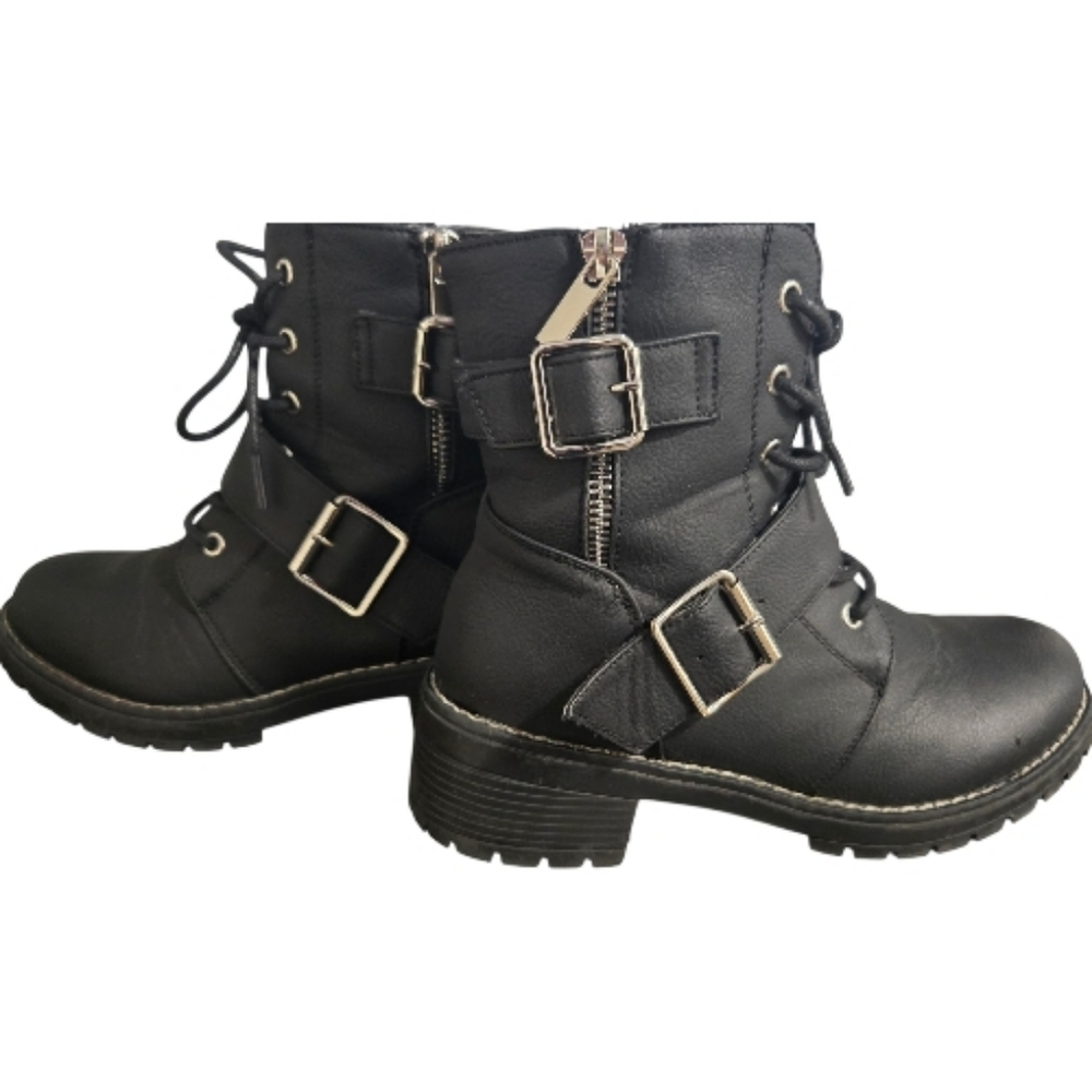 Lug Soles Black Leather Ankle Boots Buckles, Zip-up, And Tie-up